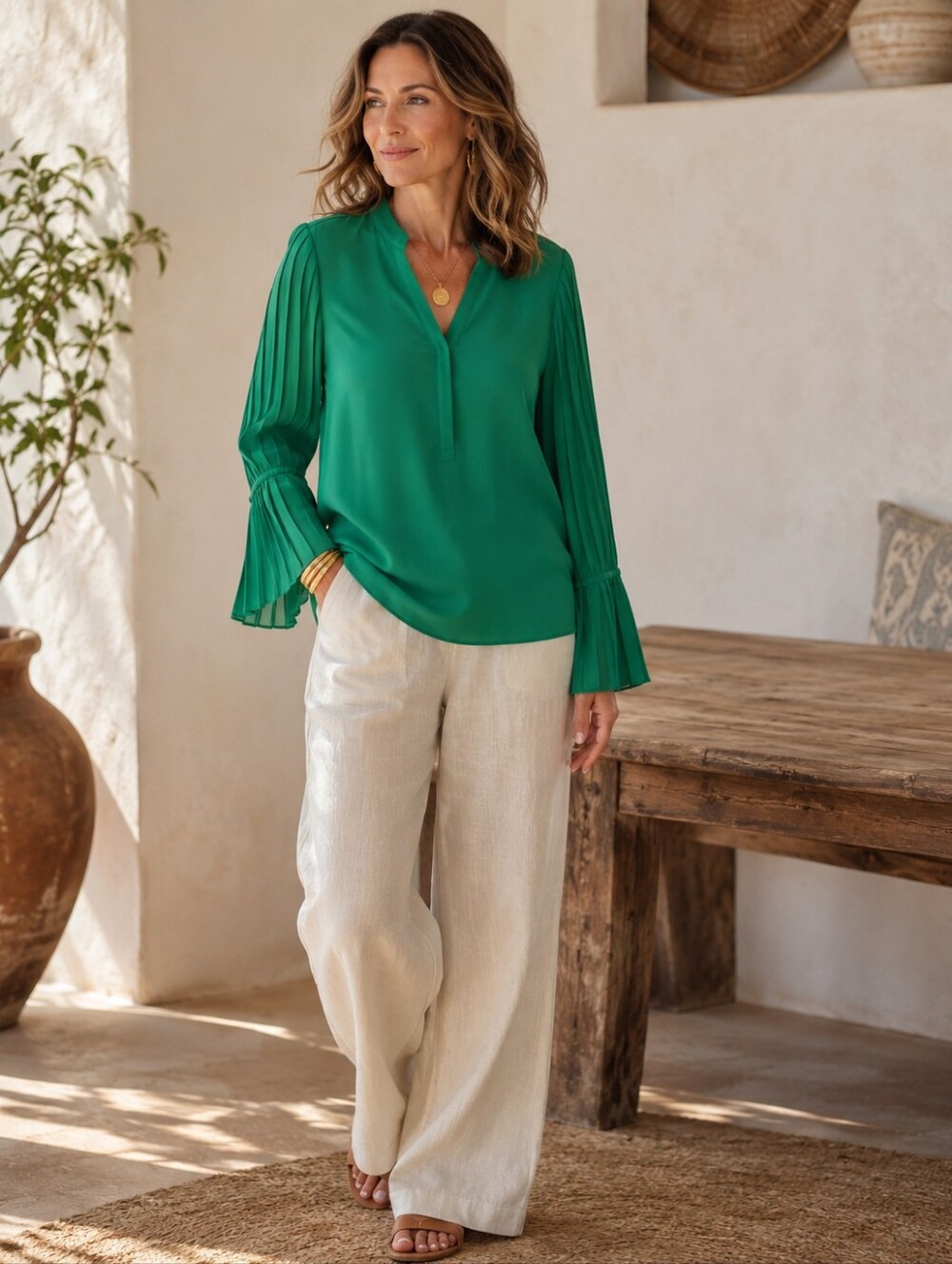Chico's Green Pleated Bell Sleeve Blouse Split Neck Size 2 Large